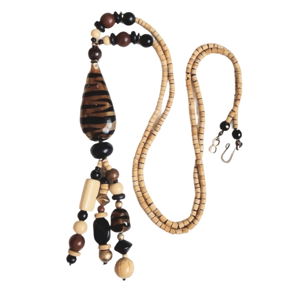 🐅 Vintage Lee Sands Safari Animal Print Carved Wooden Tassel Beaded Necklace